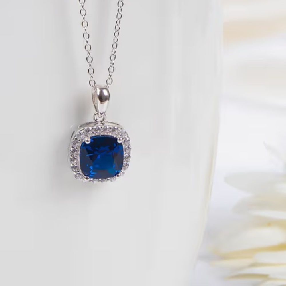 💙 Cushion Cut Blue Sapphire Cz Diamond Halo Necklace - Picture 12 of 14